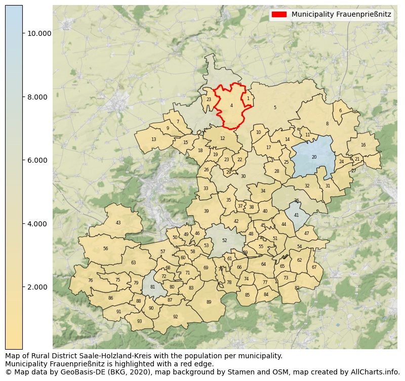 Map of Rural district Saale-Holzland-Kreis with the population per municipality.Municipality Frauenprießnitz is highlighted with a red edge.. This page shows a lot of information about residents (such as the distribution by age groups, family composition, gender, native or German with an immigration background, ...), homes (numbers, types, price development, use, type of property, ...) and more (car ownership, energy consumption, ...) based on open data from the German Federal Agency for Cartography, the Federal Statistical Office (DESTATIS), the Regional Statistical Offices and various other sources!