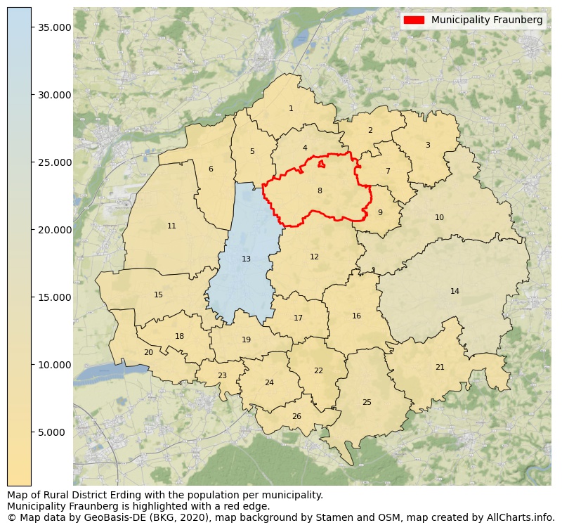 Map of Rural district Erding with the population per municipality.Municipality Fraunberg is highlighted with a red edge.. This page shows a lot of information about residents (such as the distribution by age groups, family composition, gender, native or German with an immigration background, ...), homes (numbers, types, price development, use, type of property, ...) and more (car ownership, energy consumption, ...) based on open data from the German Federal Agency for Cartography, the Federal Statistical Office (DESTATIS), the Regional Statistical Offices and various other sources!