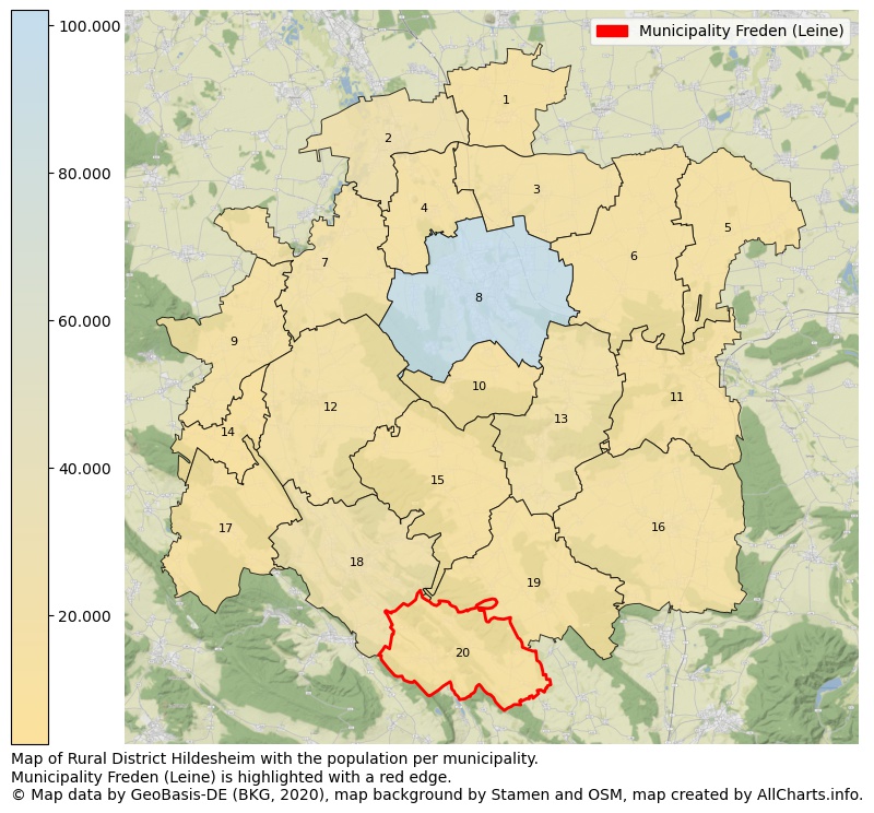 Map of Rural district Hildesheim with the population per municipality.Municipality Freden (Leine) is highlighted with a red edge.. This page shows a lot of information about residents (such as the distribution by age groups, family composition, gender, native or German with an immigration background, ...), homes (numbers, types, price development, use, type of property, ...) and more (car ownership, energy consumption, ...) based on open data from the German Federal Agency for Cartography, the Federal Statistical Office (DESTATIS), the Regional Statistical Offices and various other sources!
