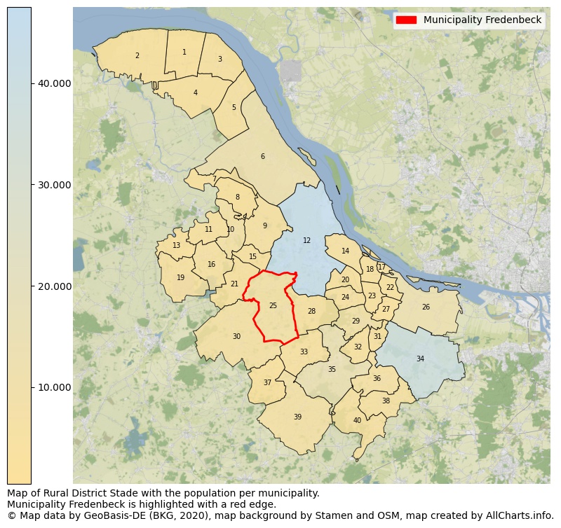 Map of Rural district Stade with the population per municipality.Municipality Fredenbeck is highlighted with a red edge.. This page shows a lot of information about residents (such as the distribution by age groups, family composition, gender, native or German with an immigration background, ...), homes (numbers, types, price development, use, type of property, ...) and more (car ownership, energy consumption, ...) based on open data from the German Federal Agency for Cartography, the Federal Statistical Office (DESTATIS), the Regional Statistical Offices and various other sources!