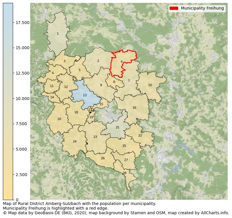 Map of Rural district Amberg-Sulzbach with the population per municipality.Municipality Freihung is highlighted with a red edge.. This page shows a lot of information about residents (such as the distribution by age groups, family composition, gender, native or German with an immigration background, ...), homes (numbers, types, price development, use, type of property, ...) and more (car ownership, energy consumption, ...) based on open data from the German Federal Agency for Cartography, the Federal Statistical Office (DESTATIS), the Regional Statistical Offices and various other sources!