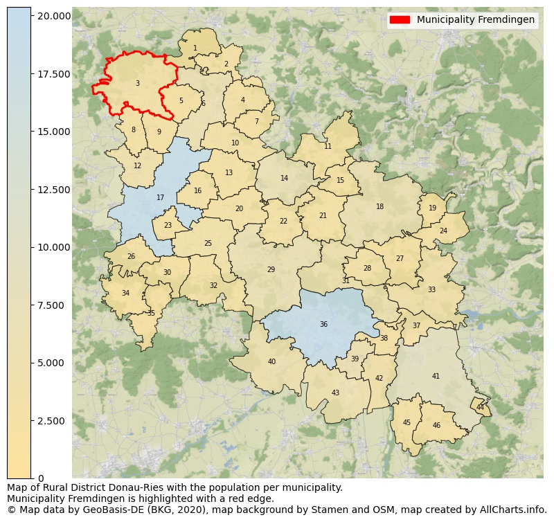 Map of Rural district Donau-Ries with the population per municipality.Municipality Fremdingen is highlighted with a red edge.. This page shows a lot of information about residents (such as the distribution by age groups, family composition, gender, native or German with an immigration background, ...), homes (numbers, types, price development, use, type of property, ...) and more (car ownership, energy consumption, ...) based on open data from the German Federal Agency for Cartography, the Federal Statistical Office (DESTATIS), the Regional Statistical Offices and various other sources!