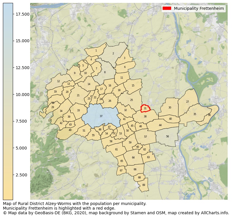 Map of Rural district Alzey-Worms with the population per municipality.Municipality Frettenheim is highlighted with a red edge.. This page shows a lot of information about residents (such as the distribution by age groups, family composition, gender, native or German with an immigration background, ...), homes (numbers, types, price development, use, type of property, ...) and more (car ownership, energy consumption, ...) based on open data from the German Federal Agency for Cartography, the Federal Statistical Office (DESTATIS), the Regional Statistical Offices and various other sources!