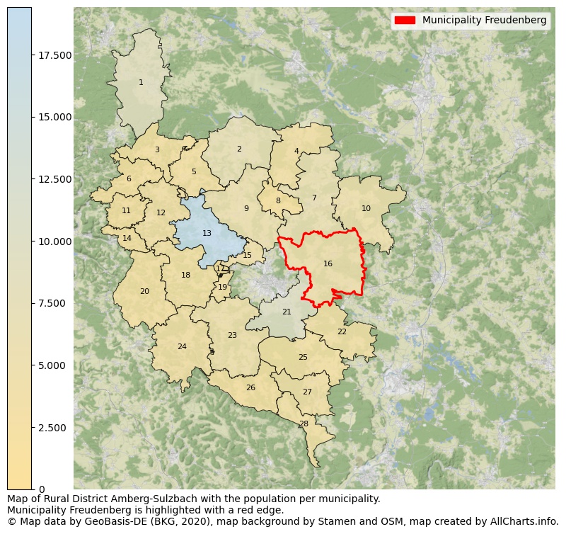 Map of Rural district Amberg-Sulzbach with the population per municipality.Municipality Freudenberg is highlighted with a red edge.. This page shows a lot of information about residents (such as the distribution by age groups, family composition, gender, native or German with an immigration background, ...), homes (numbers, types, price development, use, type of property, ...) and more (car ownership, energy consumption, ...) based on open data from the German Federal Agency for Cartography, the Federal Statistical Office (DESTATIS), the Regional Statistical Offices and various other sources!