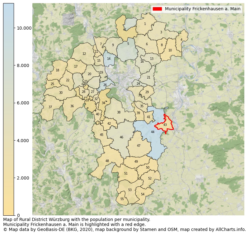 Map of Rural district Würzburg with the population per municipality.Municipality Frickenhausen a. Main is highlighted with a red edge.. This page shows a lot of information about residents (such as the distribution by age groups, family composition, gender, native or German with an immigration background, ...), homes (numbers, types, price development, use, type of property, ...) and more (car ownership, energy consumption, ...) based on open data from the German Federal Agency for Cartography, the Federal Statistical Office (DESTATIS), the Regional Statistical Offices and various other sources!