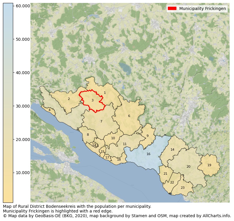 Map of Rural district Bodenseekreis with the population per municipality.Municipality Frickingen is highlighted with a red edge.. This page shows a lot of information about residents (such as the distribution by age groups, family composition, gender, native or German with an immigration background, ...), homes (numbers, types, price development, use, type of property, ...) and more (car ownership, energy consumption, ...) based on open data from the German Federal Agency for Cartography, the Federal Statistical Office (DESTATIS), the Regional Statistical Offices and various other sources!