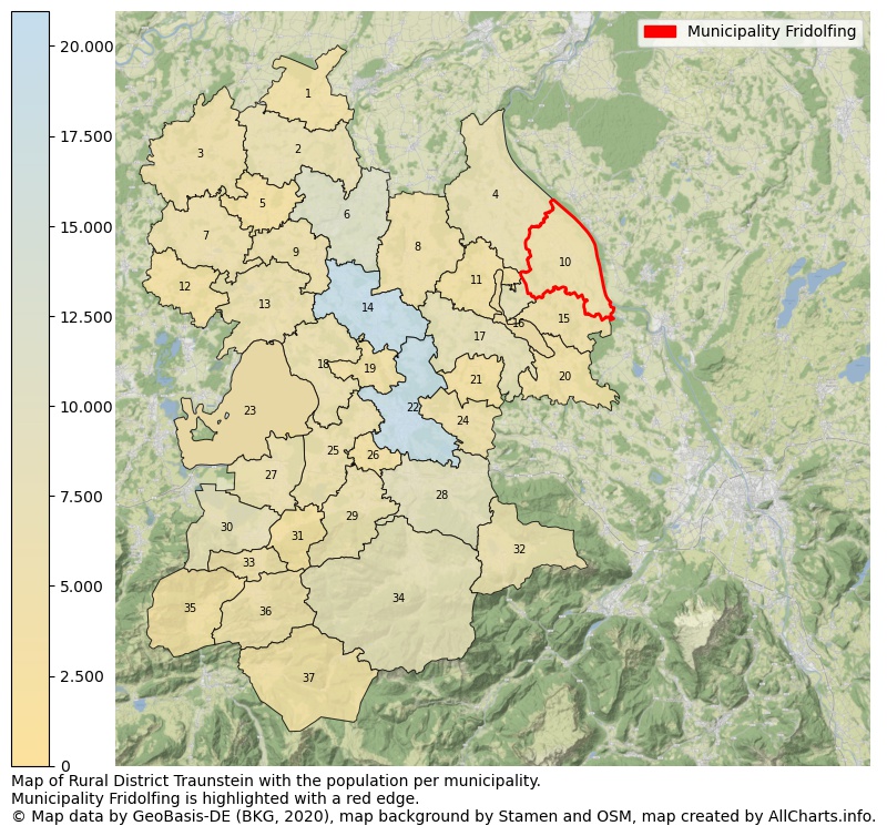 Map of Rural district Traunstein with the population per municipality.Municipality Fridolfing is highlighted with a red edge.. This page shows a lot of information about residents (such as the distribution by age groups, family composition, gender, native or German with an immigration background, ...), homes (numbers, types, price development, use, type of property, ...) and more (car ownership, energy consumption, ...) based on open data from the German Federal Agency for Cartography, the Federal Statistical Office (DESTATIS), the Regional Statistical Offices and various other sources!