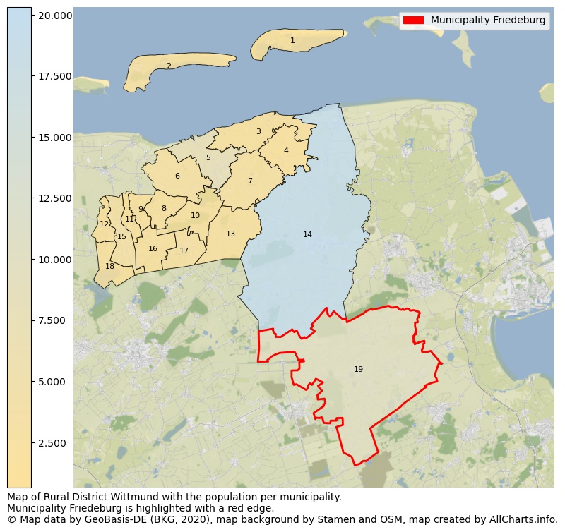 Map of Rural district Wittmund with the population per municipality.Municipality Friedeburg is highlighted with a red edge.. This page shows a lot of information about residents (such as the distribution by age groups, family composition, gender, native or German with an immigration background, ...), homes (numbers, types, price development, use, type of property, ...) and more (car ownership, energy consumption, ...) based on open data from the German Federal Agency for Cartography, the Federal Statistical Office (DESTATIS), the Regional Statistical Offices and various other sources!