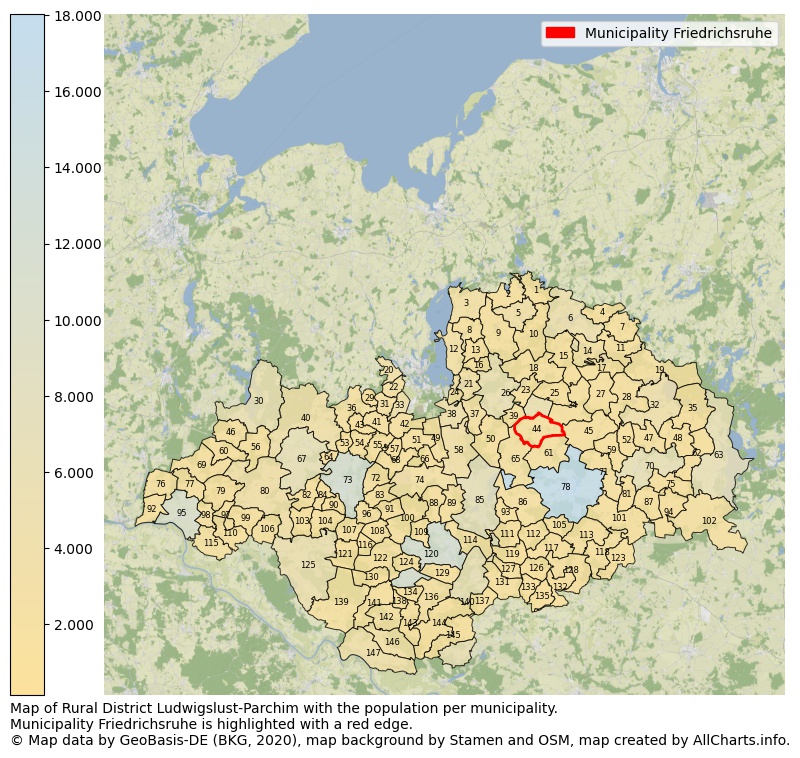 Map of Rural district Ludwigslust-Parchim with the population per municipality.Municipality Friedrichsruhe is highlighted with a red edge.. This page shows a lot of information about residents (such as the distribution by age groups, family composition, gender, native or German with an immigration background, ...), homes (numbers, types, price development, use, type of property, ...) and more (car ownership, energy consumption, ...) based on open data from the German Federal Agency for Cartography, the Federal Statistical Office (DESTATIS), the Regional Statistical Offices and various other sources!