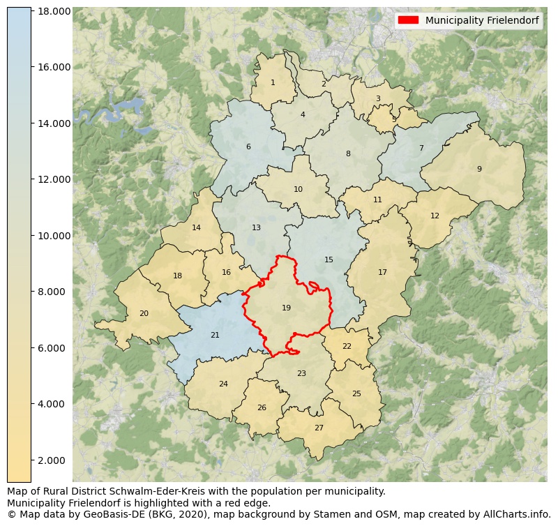 Map of Rural district Schwalm-Eder-Kreis with the population per municipality.Municipality Frielendorf is highlighted with a red edge.. This page shows a lot of information about residents (such as the distribution by age groups, family composition, gender, native or German with an immigration background, ...), homes (numbers, types, price development, use, type of property, ...) and more (car ownership, energy consumption, ...) based on open data from the German Federal Agency for Cartography, the Federal Statistical Office (DESTATIS), the Regional Statistical Offices and various other sources!