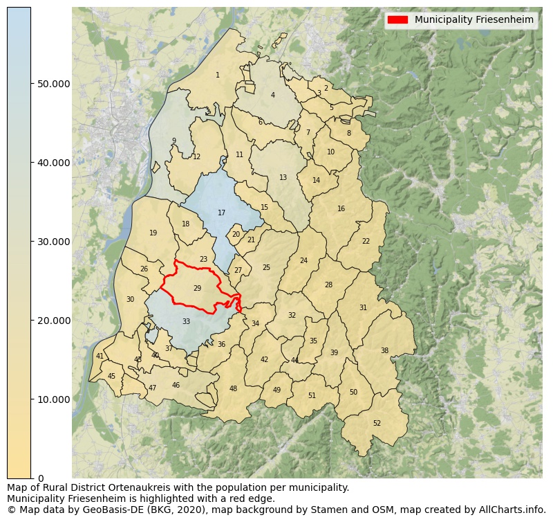 Map of Rural district Ortenaukreis with the population per municipality.Municipality Friesenheim is highlighted with a red edge.. This page shows a lot of information about residents (such as the distribution by age groups, family composition, gender, native or German with an immigration background, ...), homes (numbers, types, price development, use, type of property, ...) and more (car ownership, energy consumption, ...) based on open data from the German Federal Agency for Cartography, the Federal Statistical Office (DESTATIS), the Regional Statistical Offices and various other sources!