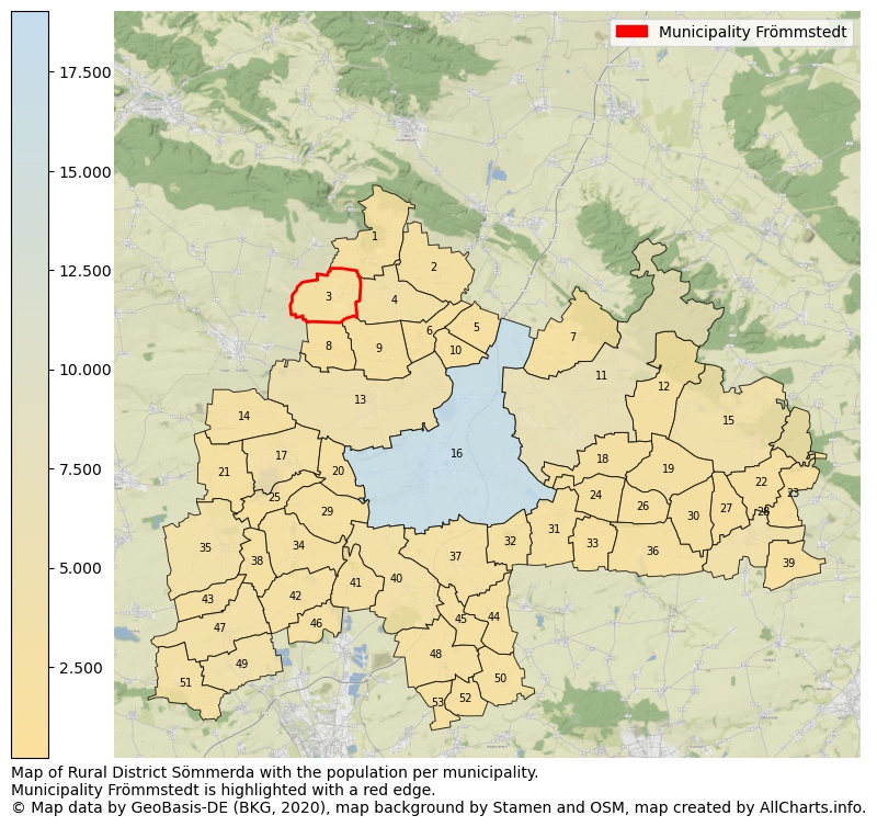 Map of Rural district Sömmerda with the population per municipality.Municipality Frömmstedt is highlighted with a red edge.. This page shows a lot of information about residents (such as the distribution by age groups, family composition, gender, native or German with an immigration background, ...), homes (numbers, types, price development, use, type of property, ...) and more (car ownership, energy consumption, ...) based on open data from the German Federal Agency for Cartography, the Federal Statistical Office (DESTATIS), the Regional Statistical Offices and various other sources!