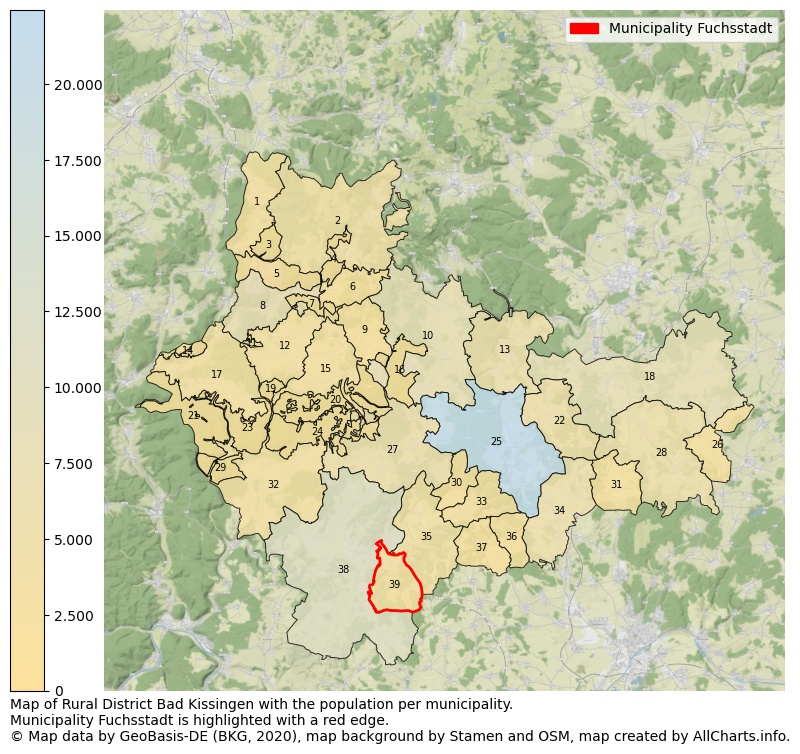 Map of Rural district Bad Kissingen with the population per municipality.Municipality Fuchsstadt is highlighted with a red edge.. This page shows a lot of information about residents (such as the distribution by age groups, family composition, gender, native or German with an immigration background, ...), homes (numbers, types, price development, use, type of property, ...) and more (car ownership, energy consumption, ...) based on open data from the German Federal Agency for Cartography, the Federal Statistical Office (DESTATIS), the Regional Statistical Offices and various other sources!
