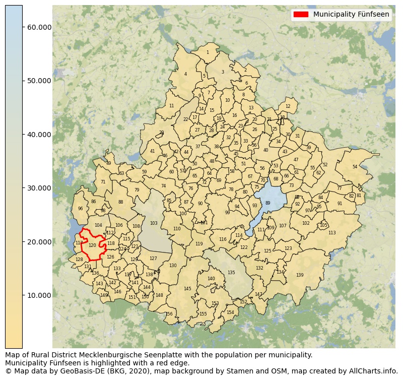 Map of Rural district Mecklenburgische Seenplatte with the population per municipality.Municipality Fünfseen is highlighted with a red edge.. This page shows a lot of information about residents (such as the distribution by age groups, family composition, gender, native or German with an immigration background, ...), homes (numbers, types, price development, use, type of property, ...) and more (car ownership, energy consumption, ...) based on open data from the German Federal Agency for Cartography, the Federal Statistical Office (DESTATIS), the Regional Statistical Offices and various other sources!