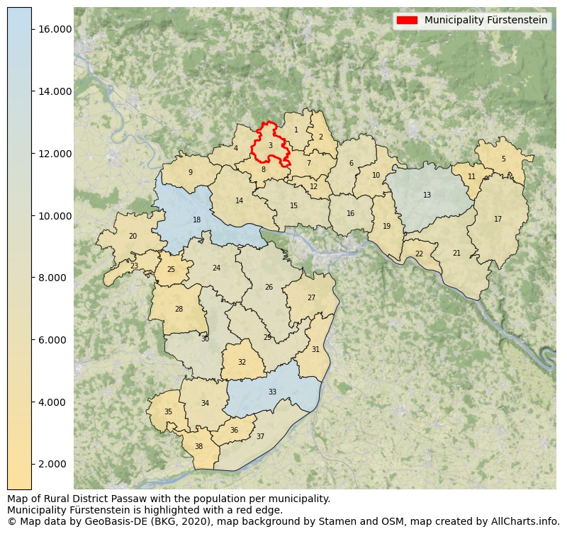 Map of Rural district Passaw with the population per municipality.Municipality Fürstenstein is highlighted with a red edge.. This page shows a lot of information about residents (such as the distribution by age groups, family composition, gender, native or German with an immigration background, ...), homes (numbers, types, price development, use, type of property, ...) and more (car ownership, energy consumption, ...) based on open data from the German Federal Agency for Cartography, the Federal Statistical Office (DESTATIS), the Regional Statistical Offices and various other sources!