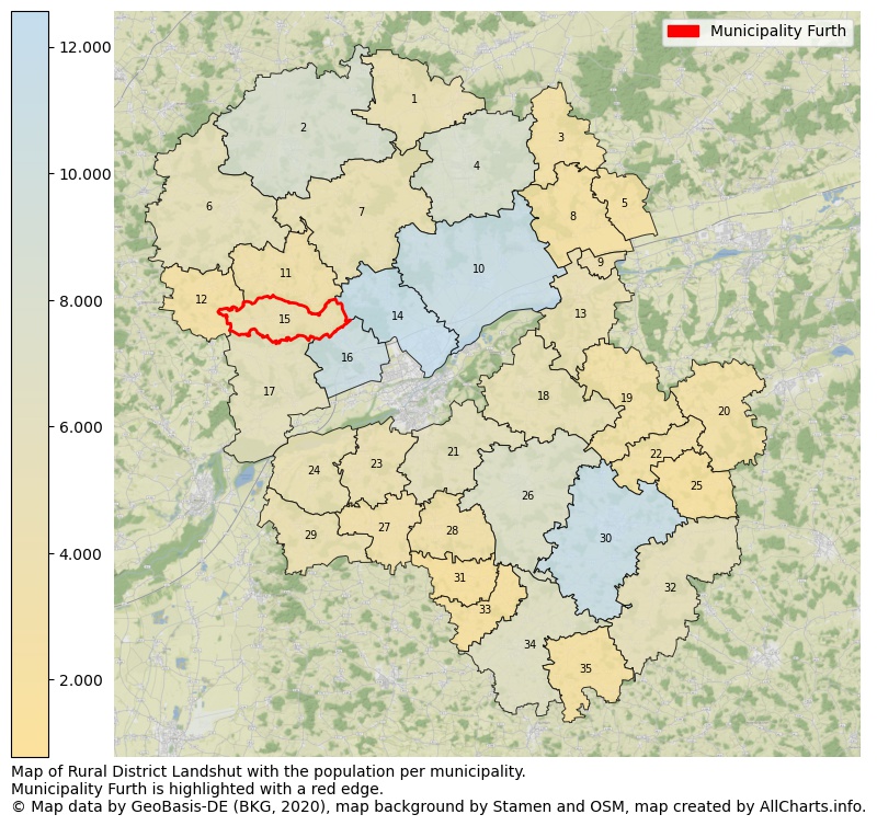 Map of Rural district Landshut with the population per municipality.Municipality Furth is highlighted with a red edge.. This page shows a lot of information about residents (such as the distribution by age groups, family composition, gender, native or German with an immigration background, ...), homes (numbers, types, price development, use, type of property, ...) and more (car ownership, energy consumption, ...) based on open data from the German Federal Agency for Cartography, the Federal Statistical Office (DESTATIS), the Regional Statistical Offices and various other sources!