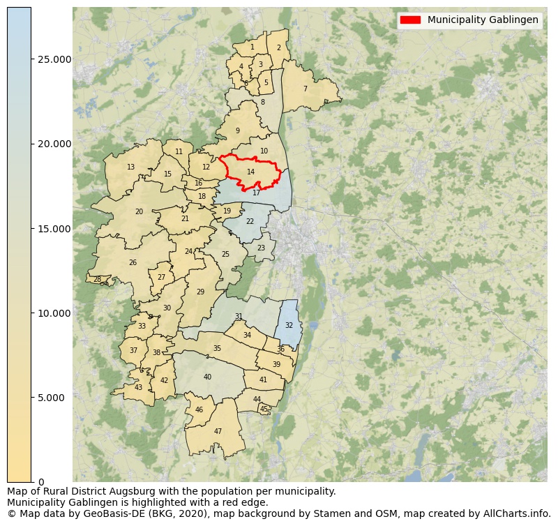Map of Rural district Augsburg with the population per municipality.Municipality Gablingen is highlighted with a red edge.. This page shows a lot of information about residents (such as the distribution by age groups, family composition, gender, native or German with an immigration background, ...), homes (numbers, types, price development, use, type of property, ...) and more (car ownership, energy consumption, ...) based on open data from the German Federal Agency for Cartography, the Federal Statistical Office (DESTATIS), the Regional Statistical Offices and various other sources!
