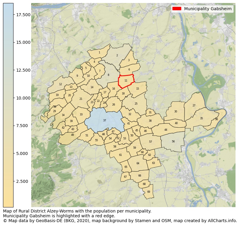 Map of Rural district Alzey-Worms with the population per municipality.Municipality Gabsheim is highlighted with a red edge.. This page shows a lot of information about residents (such as the distribution by age groups, family composition, gender, native or German with an immigration background, ...), homes (numbers, types, price development, use, type of property, ...) and more (car ownership, energy consumption, ...) based on open data from the German Federal Agency for Cartography, the Federal Statistical Office (DESTATIS), the Regional Statistical Offices and various other sources!