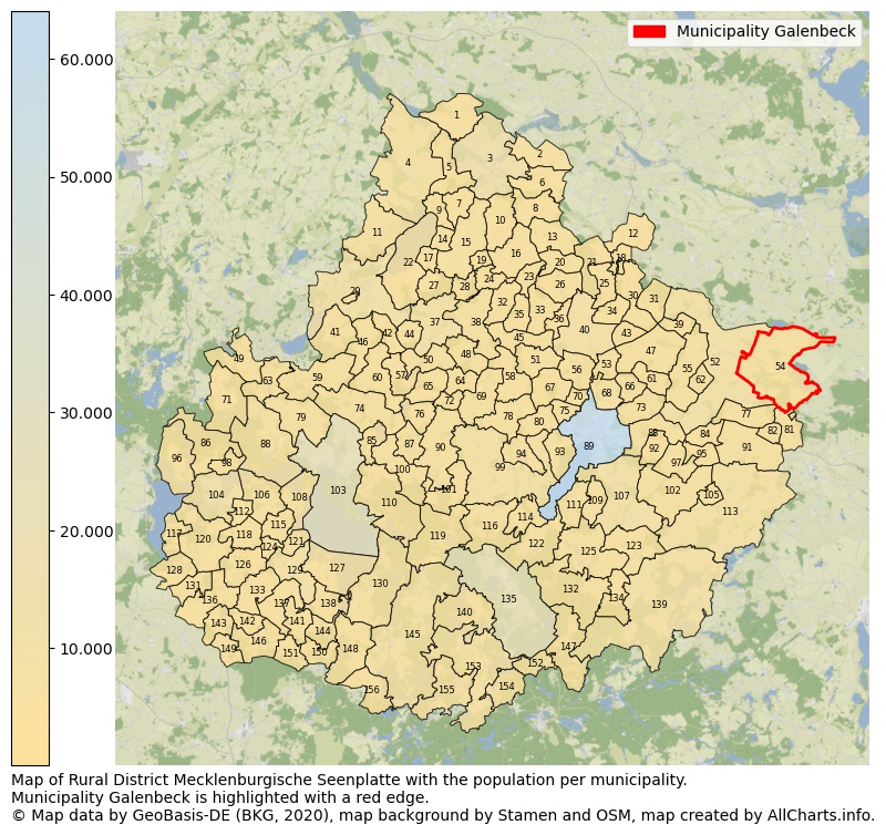Map of Rural district Mecklenburgische Seenplatte with the population per municipality.Municipality Galenbeck is highlighted with a red edge.. This page shows a lot of information about residents (such as the distribution by age groups, family composition, gender, native or German with an immigration background, ...), homes (numbers, types, price development, use, type of property, ...) and more (car ownership, energy consumption, ...) based on open data from the German Federal Agency for Cartography, the Federal Statistical Office (DESTATIS), the Regional Statistical Offices and various other sources!