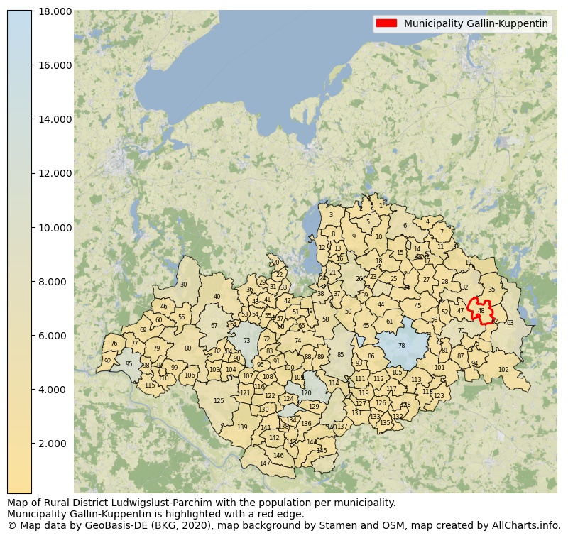 Map of Rural district Ludwigslust-Parchim with the population per municipality.Municipality Gallin-Kuppentin is highlighted with a red edge.. This page shows a lot of information about residents (such as the distribution by age groups, family composition, gender, native or German with an immigration background, ...), homes (numbers, types, price development, use, type of property, ...) and more (car ownership, energy consumption, ...) based on open data from the German Federal Agency for Cartography, the Federal Statistical Office (DESTATIS), the Regional Statistical Offices and various other sources!