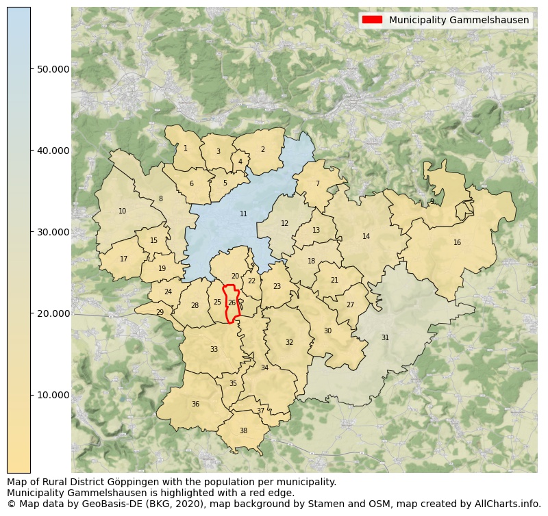 Map of Rural district Göppingen with the population per municipality.Municipality Gammelshausen is highlighted with a red edge.. This page shows a lot of information about residents (such as the distribution by age groups, family composition, gender, native or German with an immigration background, ...), homes (numbers, types, price development, use, type of property, ...) and more (car ownership, energy consumption, ...) based on open data from the German Federal Agency for Cartography, the Federal Statistical Office (DESTATIS), the Regional Statistical Offices and various other sources!