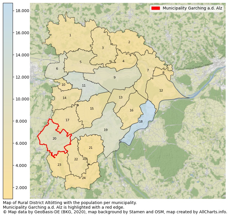Map of Rural district Altötting with the population per municipality.Municipality Garching a.d. Alz is highlighted with a red edge.. This page shows a lot of information about residents (such as the distribution by age groups, family composition, gender, native or German with an immigration background, ...), homes (numbers, types, price development, use, type of property, ...) and more (car ownership, energy consumption, ...) based on open data from the German Federal Agency for Cartography, the Federal Statistical Office (DESTATIS), the Regional Statistical Offices and various other sources!