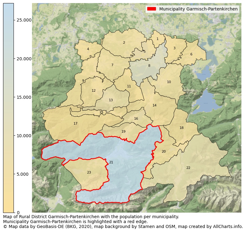 Map of Rural district Garmisch-Partenkirchen with the population per municipality.Municipality Garmisch-Partenkirchen is highlighted with a red edge.. This page shows a lot of information about residents (such as the distribution by age groups, family composition, gender, native or German with an immigration background, ...), homes (numbers, types, price development, use, type of property, ...) and more (car ownership, energy consumption, ...) based on open data from the German Federal Agency for Cartography, the Federal Statistical Office (DESTATIS), the Regional Statistical Offices and various other sources!