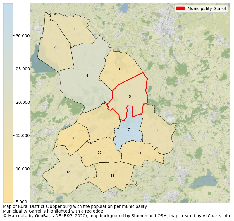 Map of Rural district Cloppenburg with the population per municipality.Municipality Garrel is highlighted with a red edge.. This page shows a lot of information about residents (such as the distribution by age groups, family composition, gender, native or German with an immigration background, ...), homes (numbers, types, price development, use, type of property, ...) and more (car ownership, energy consumption, ...) based on open data from the German Federal Agency for Cartography, the Federal Statistical Office (DESTATIS), the Regional Statistical Offices and various other sources!