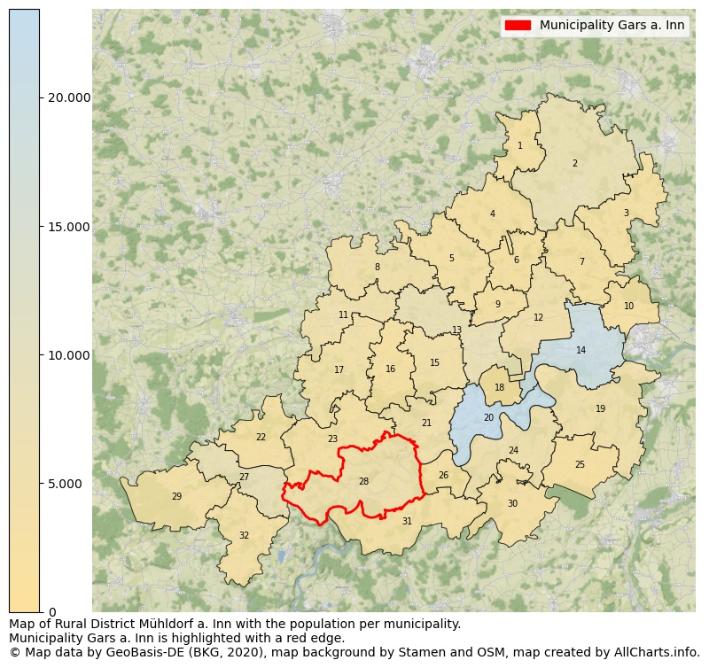 Map of Rural district Mühldorf a. Inn with the population per municipality.Municipality Gars a. Inn is highlighted with a red edge.. This page shows a lot of information about residents (such as the distribution by age groups, family composition, gender, native or German with an immigration background, ...), homes (numbers, types, price development, use, type of property, ...) and more (car ownership, energy consumption, ...) based on open data from the German Federal Agency for Cartography, the Federal Statistical Office (DESTATIS), the Regional Statistical Offices and various other sources!