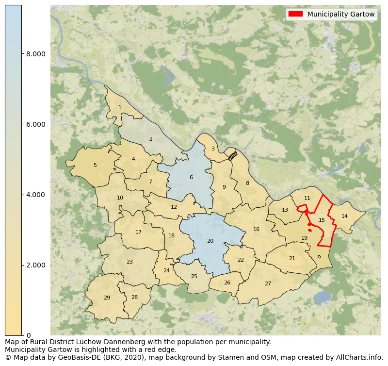 Map of Rural district Lüchow-Dannenberg with the population per municipality.Municipality Gartow is highlighted with a red edge.. This page shows a lot of information about residents (such as the distribution by age groups, family composition, gender, native or German with an immigration background, ...), homes (numbers, types, price development, use, type of property, ...) and more (car ownership, energy consumption, ...) based on open data from the German Federal Agency for Cartography, the Federal Statistical Office (DESTATIS), the Regional Statistical Offices and various other sources!