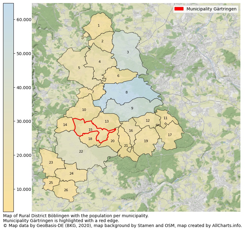 Map of Rural district Böblingen with the population per municipality.Municipality Gärtringen is highlighted with a red edge.. This page shows a lot of information about residents (such as the distribution by age groups, family composition, gender, native or German with an immigration background, ...), homes (numbers, types, price development, use, type of property, ...) and more (car ownership, energy consumption, ...) based on open data from the German Federal Agency for Cartography, the Federal Statistical Office (DESTATIS), the Regional Statistical Offices and various other sources!