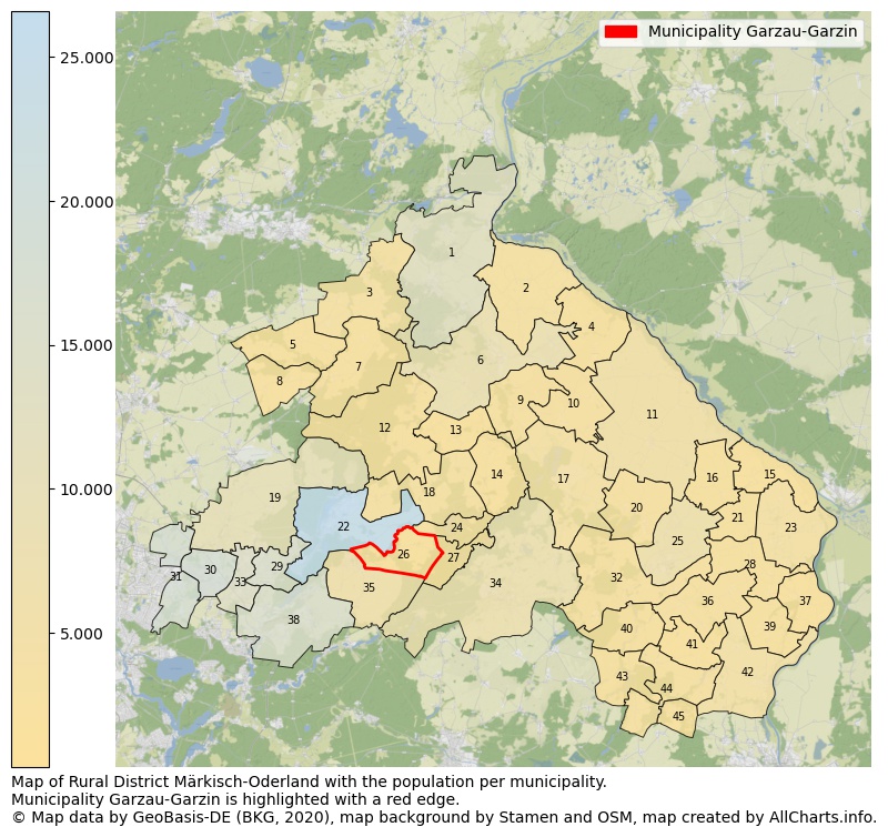 Map of Rural district Märkisch-Oderland with the population per municipality.Municipality Garzau-Garzin is highlighted with a red edge.. This page shows a lot of information about residents (such as the distribution by age groups, family composition, gender, native or German with an immigration background, ...), homes (numbers, types, price development, use, type of property, ...) and more (car ownership, energy consumption, ...) based on open data from the German Federal Agency for Cartography, the Federal Statistical Office (DESTATIS), the Regional Statistical Offices and various other sources!