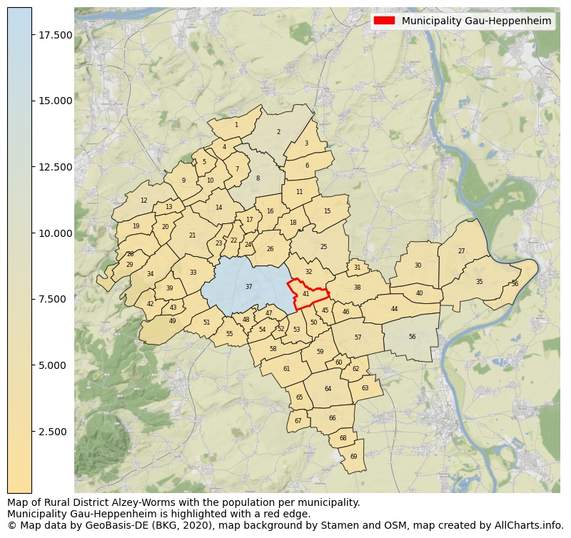 Map of Rural district Alzey-Worms with the population per municipality.Municipality Gau-Heppenheim is highlighted with a red edge.. This page shows a lot of information about residents (such as the distribution by age groups, family composition, gender, native or German with an immigration background, ...), homes (numbers, types, price development, use, type of property, ...) and more (car ownership, energy consumption, ...) based on open data from the German Federal Agency for Cartography, the Federal Statistical Office (DESTATIS), the Regional Statistical Offices and various other sources!