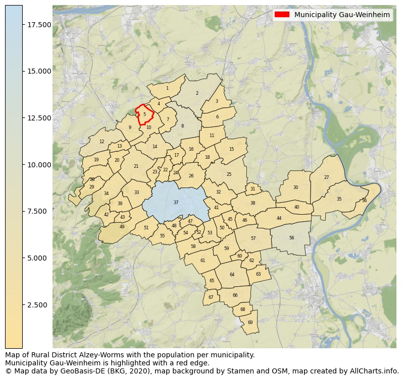 Map of Rural district Alzey-Worms with the population per municipality.Municipality Gau-Weinheim is highlighted with a red edge.. This page shows a lot of information about residents (such as the distribution by age groups, family composition, gender, native or German with an immigration background, ...), homes (numbers, types, price development, use, type of property, ...) and more (car ownership, energy consumption, ...) based on open data from the German Federal Agency for Cartography, the Federal Statistical Office (DESTATIS), the Regional Statistical Offices and various other sources!