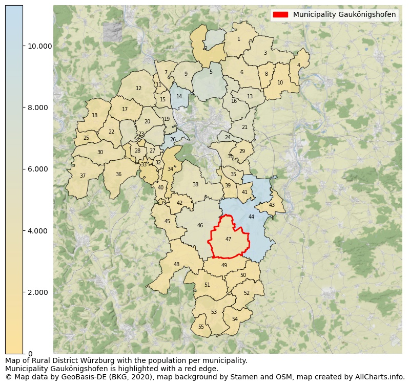 Map of Rural district Würzburg with the population per municipality.Municipality Gaukönigshofen is highlighted with a red edge.. This page shows a lot of information about residents (such as the distribution by age groups, family composition, gender, native or German with an immigration background, ...), homes (numbers, types, price development, use, type of property, ...) and more (car ownership, energy consumption, ...) based on open data from the German Federal Agency for Cartography, the Federal Statistical Office (DESTATIS), the Regional Statistical Offices and various other sources!