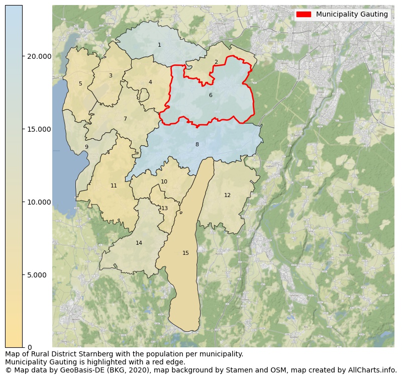 Map of Rural district Starnberg with the population per municipality.Municipality Gauting is highlighted with a red edge.. This page shows a lot of information about residents (such as the distribution by age groups, family composition, gender, native or German with an immigration background, ...), homes (numbers, types, price development, use, type of property, ...) and more (car ownership, energy consumption, ...) based on open data from the German Federal Agency for Cartography, the Federal Statistical Office (DESTATIS), the Regional Statistical Offices and various other sources!