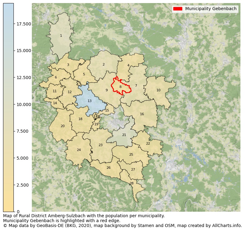 Map of Rural district Amberg-Sulzbach with the population per municipality.Municipality Gebenbach is highlighted with a red edge.. This page shows a lot of information about residents (such as the distribution by age groups, family composition, gender, native or German with an immigration background, ...), homes (numbers, types, price development, use, type of property, ...) and more (car ownership, energy consumption, ...) based on open data from the German Federal Agency for Cartography, the Federal Statistical Office (DESTATIS), the Regional Statistical Offices and various other sources!