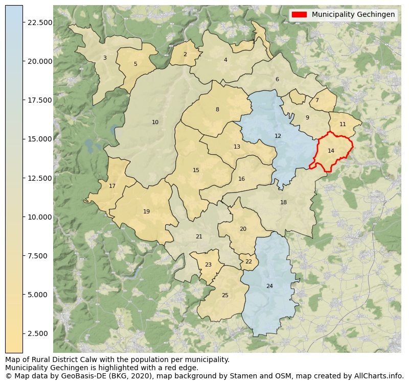 Map of Rural district Calw with the population per municipality.Municipality Gechingen is highlighted with a red edge.. This page shows a lot of information about residents (such as the distribution by age groups, family composition, gender, native or German with an immigration background, ...), homes (numbers, types, price development, use, type of property, ...) and more (car ownership, energy consumption, ...) based on open data from the German Federal Agency for Cartography, the Federal Statistical Office (DESTATIS), the Regional Statistical Offices and various other sources!