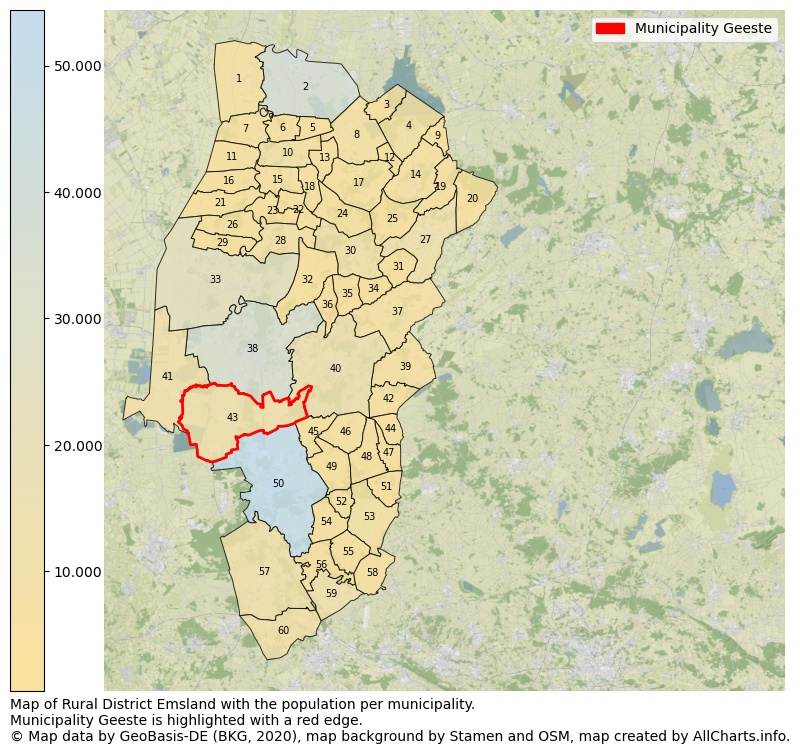 Map of Rural district Emsland with the population per municipality.Municipality Geeste is highlighted with a red edge.. This page shows a lot of information about residents (such as the distribution by age groups, family composition, gender, native or German with an immigration background, ...), homes (numbers, types, price development, use, type of property, ...) and more (car ownership, energy consumption, ...) based on open data from the German Federal Agency for Cartography, the Federal Statistical Office (DESTATIS), the Regional Statistical Offices and various other sources!