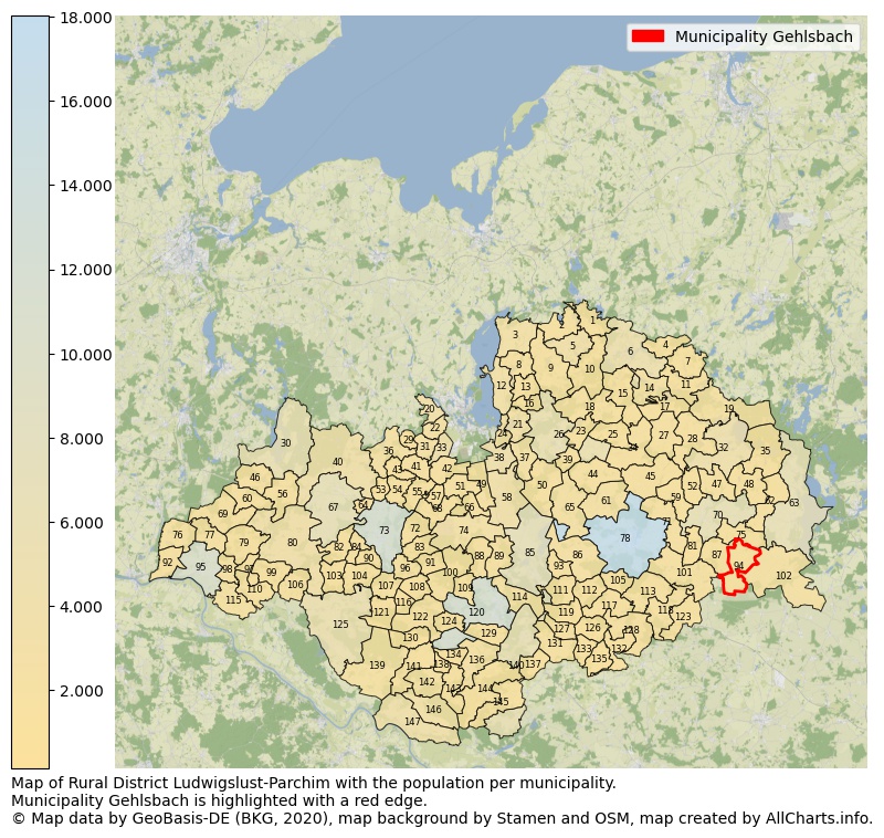 Map of Rural district Ludwigslust-Parchim with the population per municipality.Municipality Gehlsbach is highlighted with a red edge.. This page shows a lot of information about residents (such as the distribution by age groups, family composition, gender, native or German with an immigration background, ...), homes (numbers, types, price development, use, type of property, ...) and more (car ownership, energy consumption, ...) based on open data from the German Federal Agency for Cartography, the Federal Statistical Office (DESTATIS), the Regional Statistical Offices and various other sources!