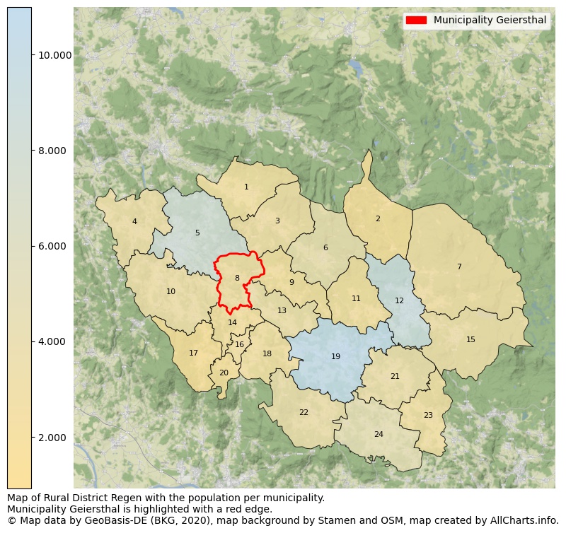Map of Rural district Regen with the population per municipality.Municipality Geiersthal is highlighted with a red edge.. This page shows a lot of information about residents (such as the distribution by age groups, family composition, gender, native or German with an immigration background, ...), homes (numbers, types, price development, use, type of property, ...) and more (car ownership, energy consumption, ...) based on open data from the German Federal Agency for Cartography, the Federal Statistical Office (DESTATIS), the Regional Statistical Offices and various other sources!