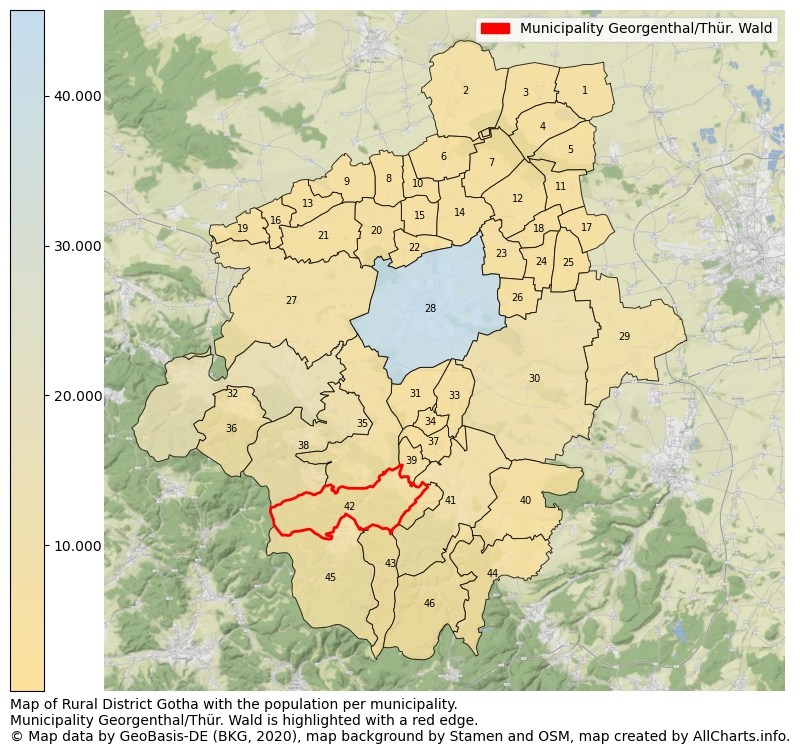 Map of Rural district Gotha with the population per municipality.Municipality Georgenthal/Thür. Wald is highlighted with a red edge.. This page shows a lot of information about residents (such as the distribution by age groups, family composition, gender, native or German with an immigration background, ...), homes (numbers, types, price development, use, type of property, ...) and more (car ownership, energy consumption, ...) based on open data from the German Federal Agency for Cartography, the Federal Statistical Office (DESTATIS), the Regional Statistical Offices and various other sources!