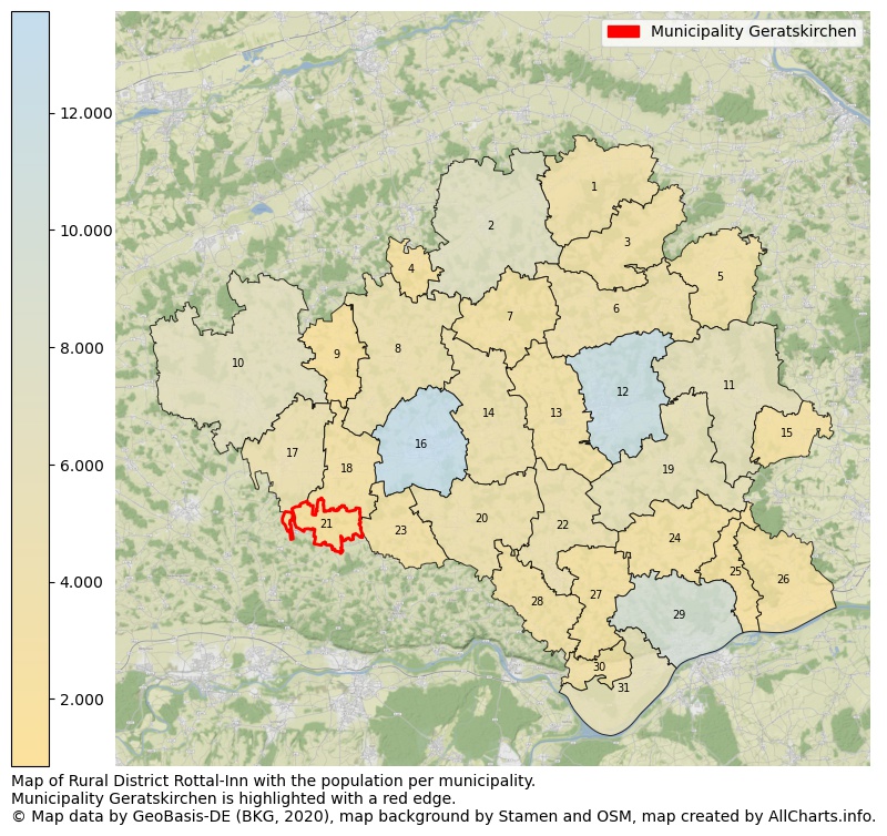Map of Rural district Rottal-Inn with the population per municipality.Municipality Geratskirchen is highlighted with a red edge.. This page shows a lot of information about residents (such as the distribution by age groups, family composition, gender, native or German with an immigration background, ...), homes (numbers, types, price development, use, type of property, ...) and more (car ownership, energy consumption, ...) based on open data from the German Federal Agency for Cartography, the Federal Statistical Office (DESTATIS), the Regional Statistical Offices and various other sources!