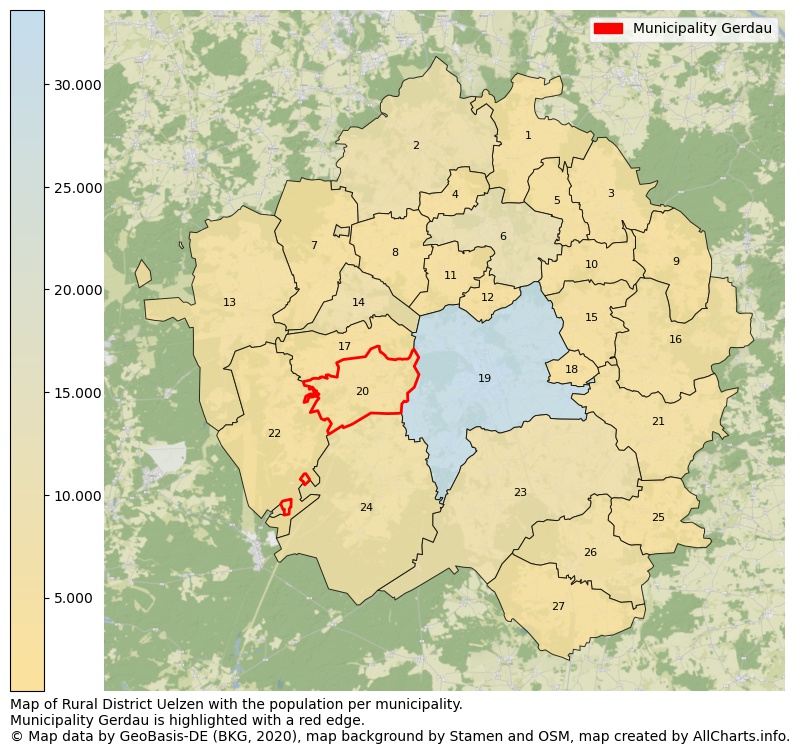 Map of Rural district Uelzen with the population per municipality.Municipality Gerdau is highlighted with a red edge.. This page shows a lot of information about residents (such as the distribution by age groups, family composition, gender, native or German with an immigration background, ...), homes (numbers, types, price development, use, type of property, ...) and more (car ownership, energy consumption, ...) based on open data from the German Federal Agency for Cartography, the Federal Statistical Office (DESTATIS), the Regional Statistical Offices and various other sources!
