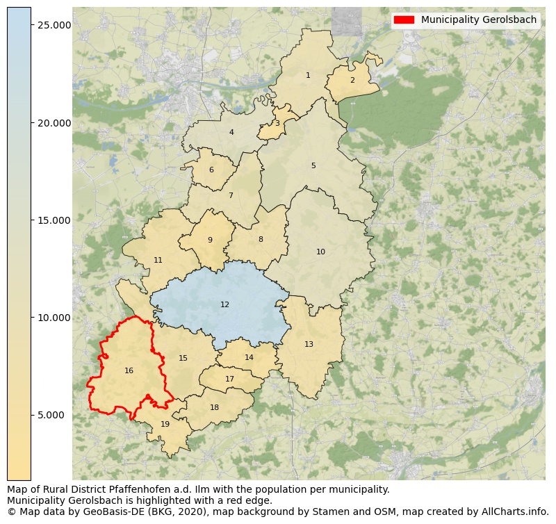 Map of Rural district Pfaffenhofen a.d. Ilm with the population per municipality.Municipality Gerolsbach is highlighted with a red edge.. This page shows a lot of information about residents (such as the distribution by age groups, family composition, gender, native or German with an immigration background, ...), homes (numbers, types, price development, use, type of property, ...) and more (car ownership, energy consumption, ...) based on open data from the German Federal Agency for Cartography, the Federal Statistical Office (DESTATIS), the Regional Statistical Offices and various other sources!