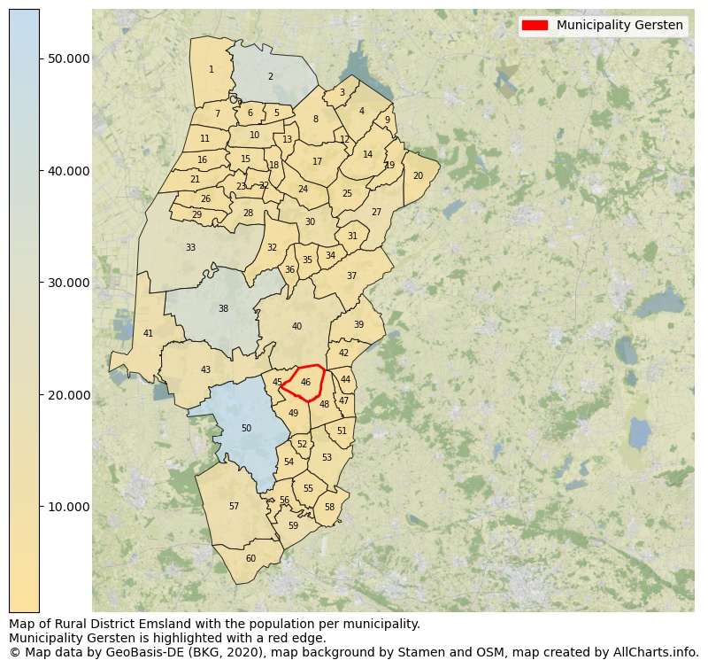 Map of Rural district Emsland with the population per municipality.Municipality Gersten is highlighted with a red edge.. This page shows a lot of information about residents (such as the distribution by age groups, family composition, gender, native or German with an immigration background, ...), homes (numbers, types, price development, use, type of property, ...) and more (car ownership, energy consumption, ...) based on open data from the German Federal Agency for Cartography, the Federal Statistical Office (DESTATIS), the Regional Statistical Offices and various other sources!
