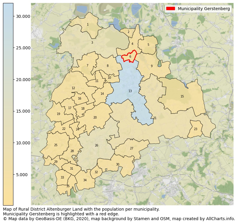 Map of Rural district Altenburger Land with the population per municipality.Municipality Gerstenberg is highlighted with a red edge.. This page shows a lot of information about residents (such as the distribution by age groups, family composition, gender, native or German with an immigration background, ...), homes (numbers, types, price development, use, type of property, ...) and more (car ownership, energy consumption, ...) based on open data from the German Federal Agency for Cartography, the Federal Statistical Office (DESTATIS), the Regional Statistical Offices and various other sources!