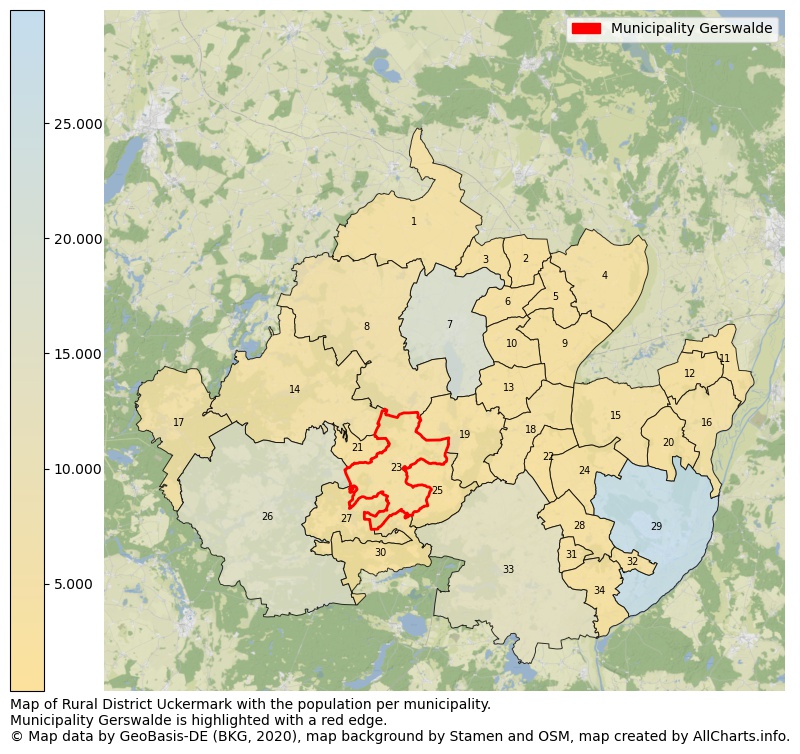Map of Rural district Uckermark with the population per municipality.Municipality Gerswalde is highlighted with a red edge.. This page shows a lot of information about residents (such as the distribution by age groups, family composition, gender, native or German with an immigration background, ...), homes (numbers, types, price development, use, type of property, ...) and more (car ownership, energy consumption, ...) based on open data from the German Federal Agency for Cartography, the Federal Statistical Office (DESTATIS), the Regional Statistical Offices and various other sources!