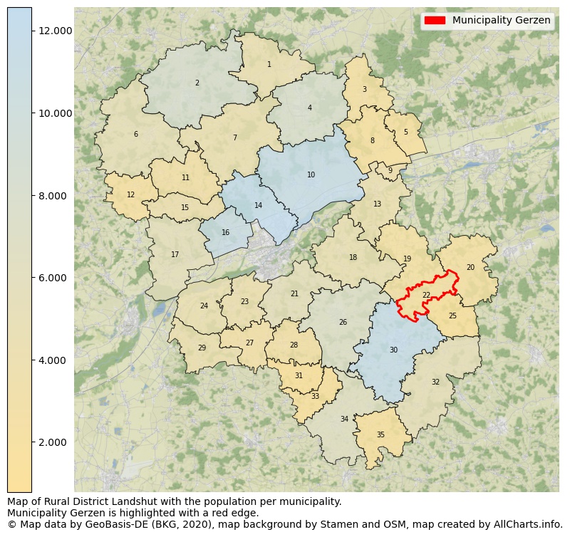 Map of Rural district Landshut with the population per municipality.Municipality Gerzen is highlighted with a red edge.. This page shows a lot of information about residents (such as the distribution by age groups, family composition, gender, native or German with an immigration background, ...), homes (numbers, types, price development, use, type of property, ...) and more (car ownership, energy consumption, ...) based on open data from the German Federal Agency for Cartography, the Federal Statistical Office (DESTATIS), the Regional Statistical Offices and various other sources!