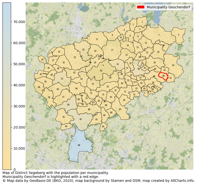 Map of District Segeberg with the population per municipality.Municipality Geschendorf is highlighted with a red edge.. This page shows a lot of information about residents (such as the distribution by age groups, family composition, gender, native or German with an immigration background, ...), homes (numbers, types, price development, use, type of property, ...) and more (car ownership, energy consumption, ...) based on open data from the German Federal Agency for Cartography, the Federal Statistical Office (DESTATIS), the Regional Statistical Offices and various other sources!